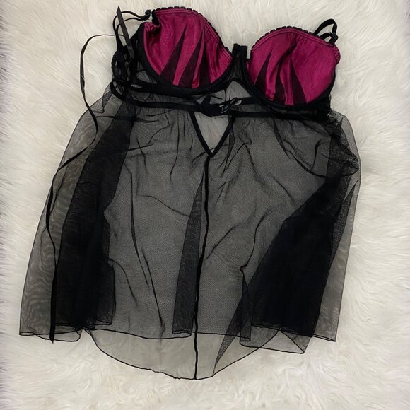 Fredericks Of Hollywood Sheer Black Babydoll Lingerie With Pink Satin Accents - Picture 1 of 5